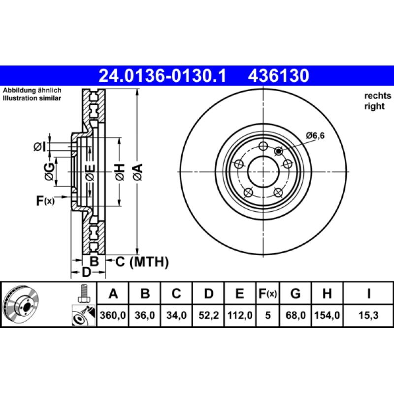 Disque de frein avant droit ATE 24.0136-0130.1 - Visuel 1
