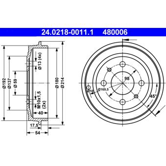 Tambour de frein ATE 24.0218-0011.1 pour FORD TRANSIT COURIER 1.6 i - 90cv
