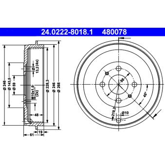 Tambour de frein ATE 24.0222-8018.1 pour FIAT TEMPRA 1.8 i - 110cv