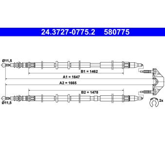 Tirette à câble, frein de stationnement ATE 24.3727-0775.2 pour SKODA SUPERB 1.7 CDTi - 110cv