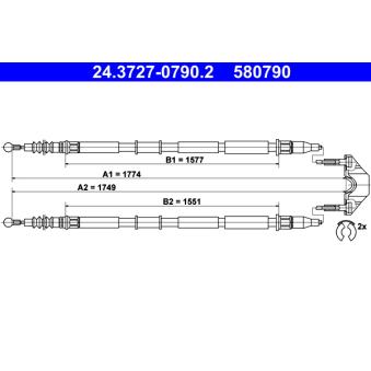 Tirette à câble, frein de stationnement ATE 24.3727-0790.2 pour FORD TRANSIT 1.7 CDTI - 110cv