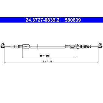 Tirette à câble, frein de stationnement ATE 24.3727-0839.2 pour MERCEDES-BENZ CLASSE E 2.0 HDi - 110cv