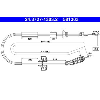Tirette à câble, frein de stationnement ATE 24.3727-1303.2 pour VOLVO V70 2.5 TDI - 140cv