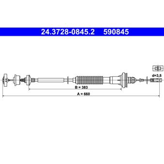Tirette à câble, commande d'embrayage ATE 24.3728-0845.2 pour PEUGEOT 206 1.1 - 60cv
