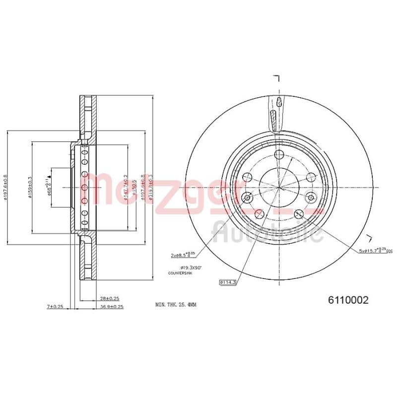 Jeu de 2 disques de frein avant METZGER 6110002 - Visuel 1