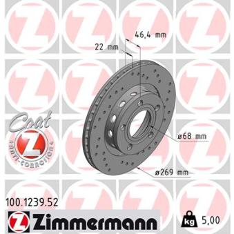 Jeu de 2 disques de frein arrière ZIMMERMANN 100.1239.52 pour AUDI A8 3.3 TDI quattro - 224cv