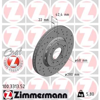 Jeu de 2 disques de frein arrière ZIMMERMANN 100.3313.52 pour AUDI A8 3.3 TDI quattro - 224cv