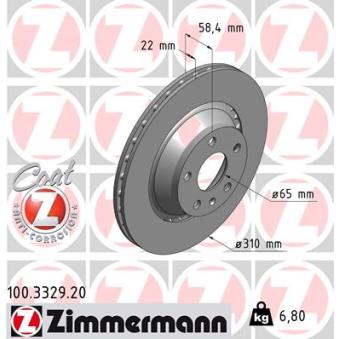 Jeu de 2 disques de frein arrière ZIMMERMANN 100.3329.20 pour AUDI TT 2.5 TFSI quattro - 340cv