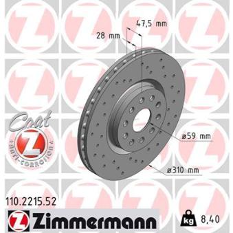 Jeu de 2 disques de frein avant ZIMMERMANN 110.2215.52 pour ALFA ROMEO 166 2.4 JTD - 175cv