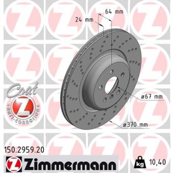 Disque de frein arrière gauche ZIMMERMANN 150.2959.20 pour BMW Série 5 540 i Mild-Hybrid xDrive - 333cv