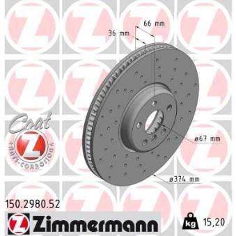 Disque de frein arrière gauche ZIMMERMANN 150.2980.52 pour BMW Série 3 330 d Mild-Hybrid - 286cv