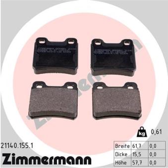 Jeu de 4 plaquettes de frein arrière ZIMMERMANN OEM 90485136