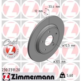 Jeu de 2 disques de frein arrière ZIMMERMANN 230.2311.20 pour DODGE JOURNEY 2.4 ECO+ - 170cv