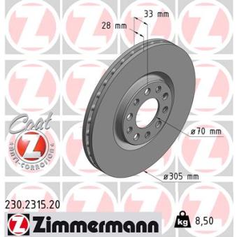 Jeu de 2 disques de frein avant ZIMMERMANN 230.2315.20 pour FIAT PUNTO 1.6 - 110cv