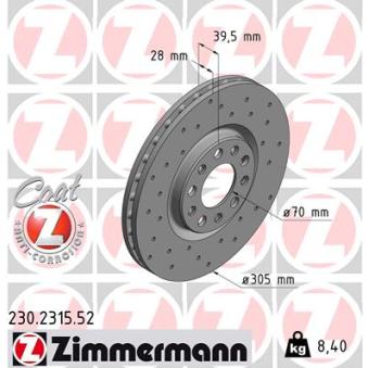 Jeu de 2 disques de frein avant ZIMMERMANN 230.2315.52 pour FIAT PUNTO 1.6 - 110cv