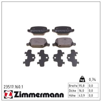 Jeu de 4 plaquettes de frein arrière ZIMMERMANN OEM 77362276