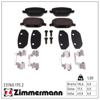 Jeu de 4 plaquettes de frein arrière ZIMMERMANN 23760.175.2 pour LANCIA THESIS 2.4 - 170cv
