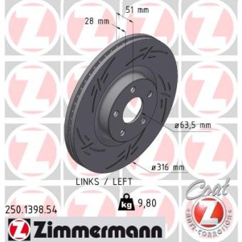 Disque de frein arrière gauche ZIMMERMANN 250.1398.54 pour KIA SHUMA 2.0 EcoBlue - 190cv