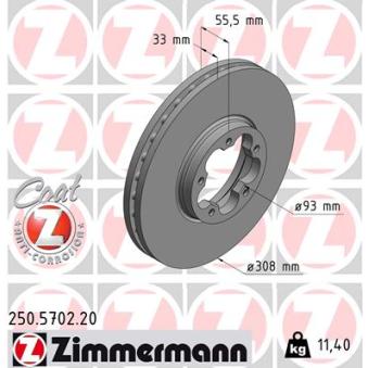 Jeu de 2 disques de frein avant ZIMMERMANN 250.5702.20 pour FORD TRANSIT 2.0 EcoBlue RWD - 185cv