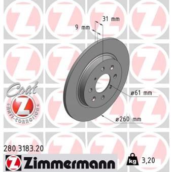 Jeu de 2 disques de frein arrière ZIMMERMANN 280.3183.20 pour AUDI Q4 1.3 - 88cv