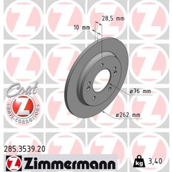 Jeu de 2 disques de frein arrière ZIMMERMANN 285.3539.20 pour KIA PRO CEED 1,6 CRDI - 136cv