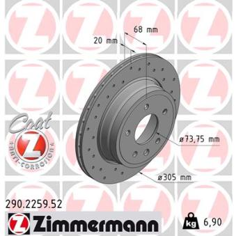 Jeu de 2 disques de frein arrière ZIMMERMANN 290.2259.52 pour CITROEN C3 3.0 D - 211cv