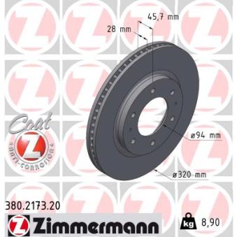 Jeu de 2 disques de frein avant ZIMMERMANN 380.2173.20 pour MITSUBISHI PAJERO 2.4 DI-D 4x4 - 181cv