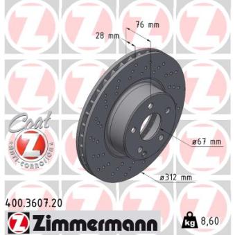 Jeu de 2 disques de frein avant ZIMMERMANN 400.3607.20 pour MERCEDES-BENZ CLASSE S S 320 - 224cv