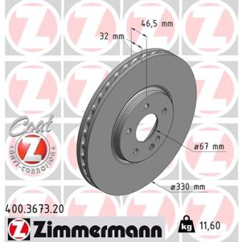 Jeu de 2 disques de frein avant ZIMMERMANN 400.3673.20 pour CHRYSLER CROSSFIRE SRT-6 - 335cv