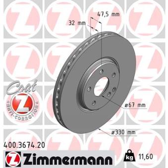 Jeu de 2 disques de frein avant ZIMMERMANN 400.3674.20 pour MERCEDES-BENZ CLASSE E E 500 4-matic - 306cv