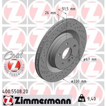 Jeu de 2 disques de frein arrière ZIMMERMANN 400.5508.20 pour MERCEDES-BENZ CLASSE C C 63 AMG - 507cv