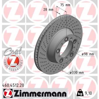 Disque de frein arrière gauche ZIMMERMANN 460.4512.20 pour PORSCHE 911 3.0 Carrera GTS - 450cv