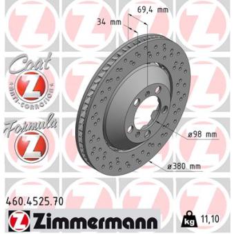 Disque de frein avant droit ZIMMERMANN 460.4525.70 pour PORSCHE 911 3.8 GT3 - 475cv