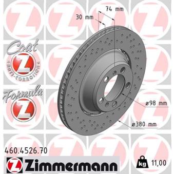 Disque de frein arrière gauche ZIMMERMANN 460.4526.70 pour PORSCHE 911 3.8 GT3 - 475cv