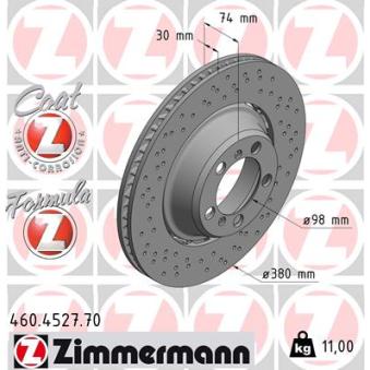 Disque de frein arrière droit ZIMMERMANN 460.4527.70 pour PORSCHE 911 3.8 GT3 - 475cv