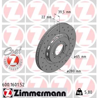 Jeu de 2 disques de frein avant ZIMMERMANN 600.1601.52 pour MAZDA 3 1.9 TDI - 110cv