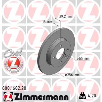 Jeu de 2 disques de frein avant ZIMMERMANN 600.1602.20 pour VOLKSWAGEN CADDY 1.6 - 75ch