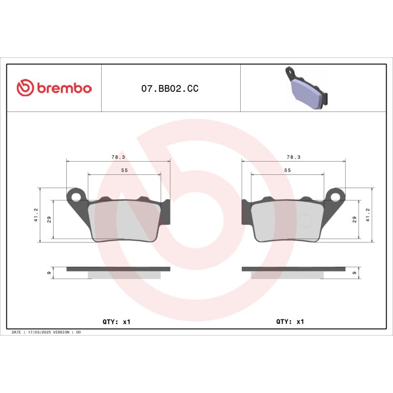Jeu de 2 plaquettes de frein arrière BREMBO 07BB02CC - Visuel 1