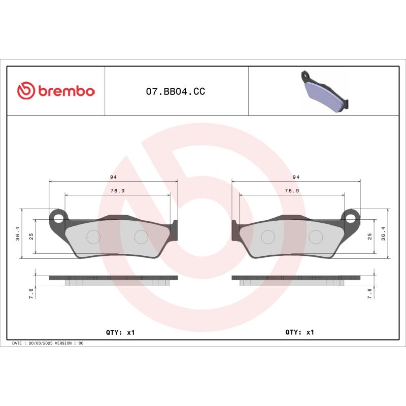 Jeu de 2 plaquettes de frein avant BREMBO 07BB04CC - Visuel 1