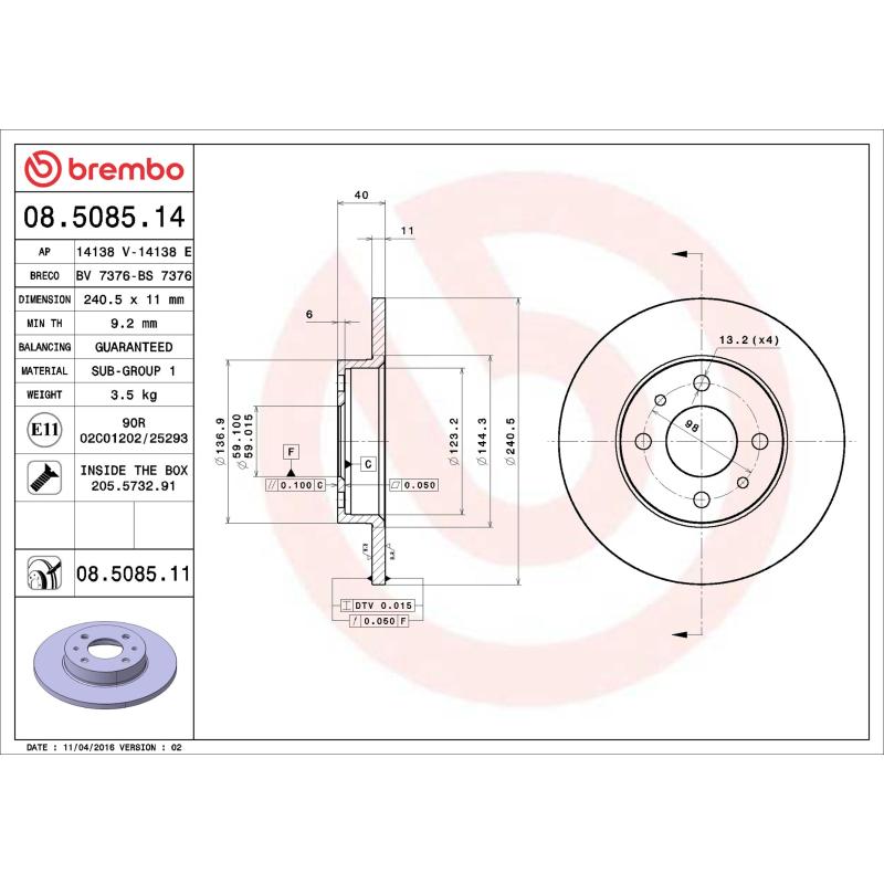 Jeu de 2 disques de frein arrière BREMBO 08.5085.11 - Visuel 1