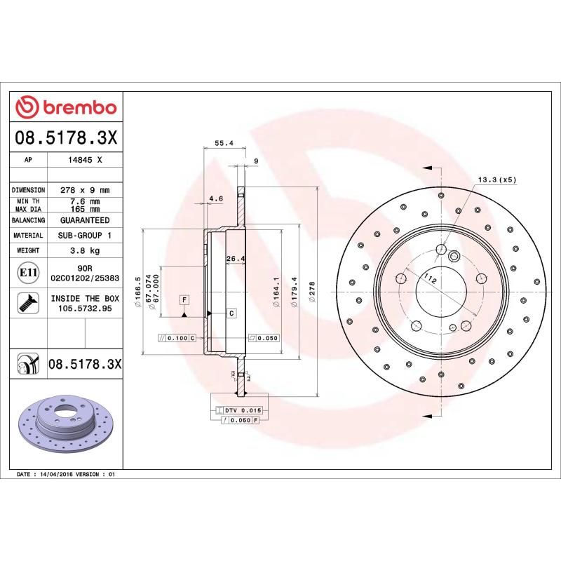 Jeu de 2 disques de frein arrière BREMBO 08.5178.3X - Visuel 1