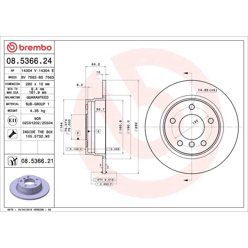 Jeu de 2 disques de frein arrière BREMBO 08.5366.21 - Visuel 1