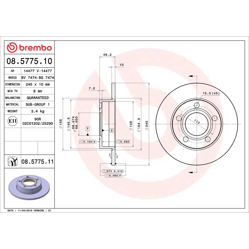 Jeu de 2 disques de frein arrière BREMBO 08.5775.11 - Visuel 1