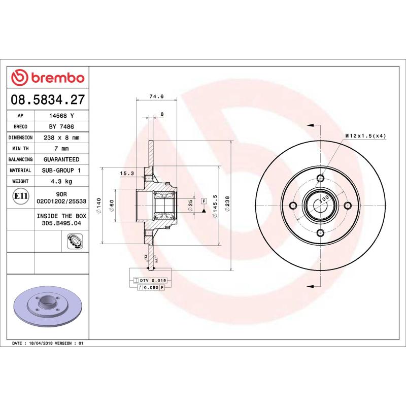 Jeu de 2 disques de frein arrière BREMBO 08.5834.27 - Visuel 1