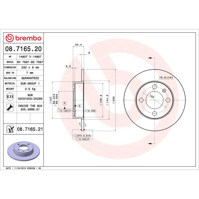 Jeu de 2 disques de frein arrière BREMBO 08.7165.21 - Visuel 1