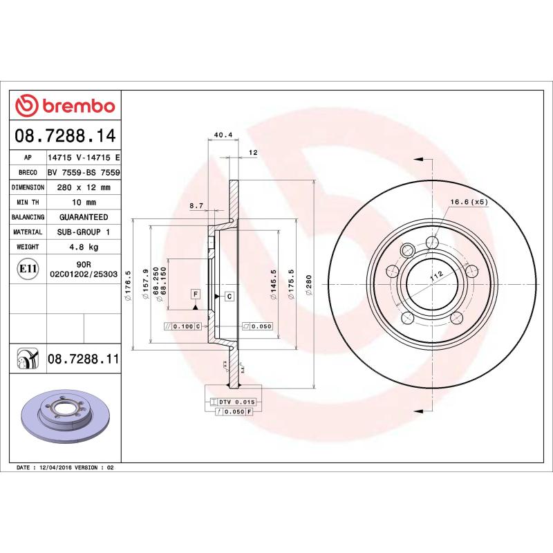 Jeu de 2 disques de frein arrière BREMBO 08.7288.11 - Visuel 1