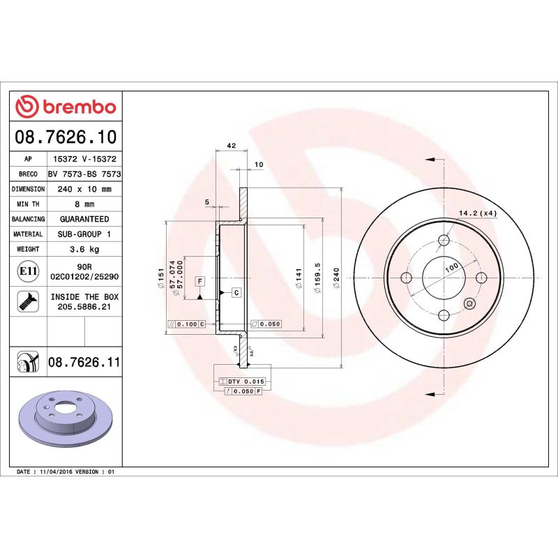 Jeu de 2 disques de frein arrière BREMBO 08.7626.11 - Visuel 1