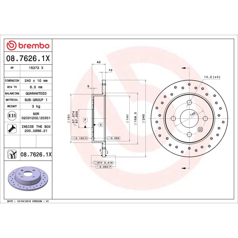 Jeu de 2 disques de frein arrière BREMBO 08.7626.1X - Visuel 1