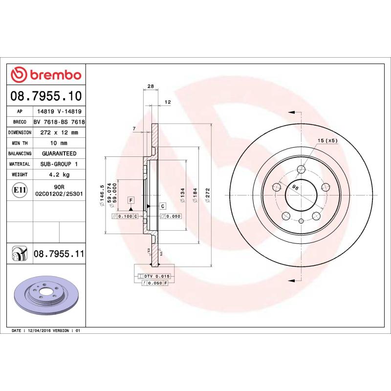 Jeu de 2 disques de frein arrière BREMBO 08.7955.11 - Visuel 1