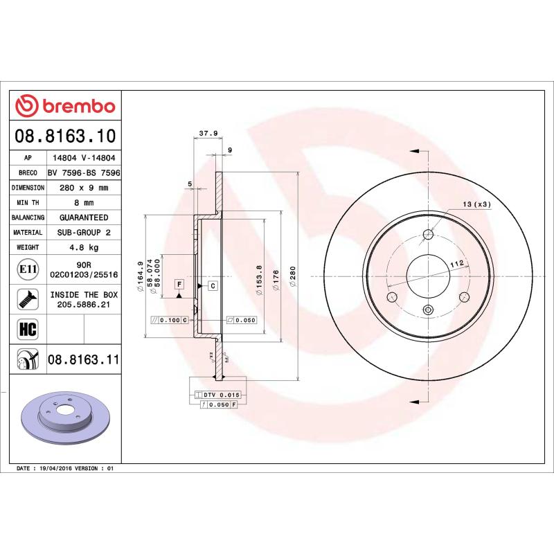 Jeu de 2 disques de frein avant BREMBO 08.8163.11 - Visuel 1